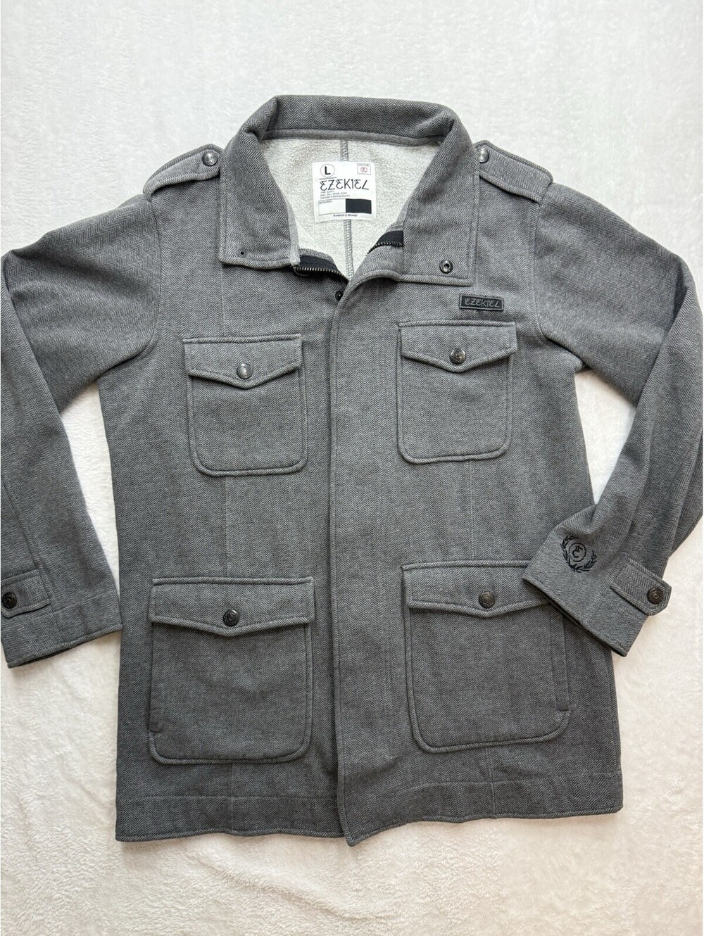 Ezekiel Men’s Military Jacket Gray Herringbone Button Lined Pockets L (2500)